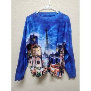 Vintage Paris Eiffel Tower Knit Sweater XL Blue Cloud Landscape Scenic Graphic